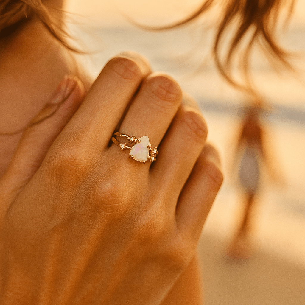 925 stříbrný prsten s měsíčním kamenem a zlatými ozdobami